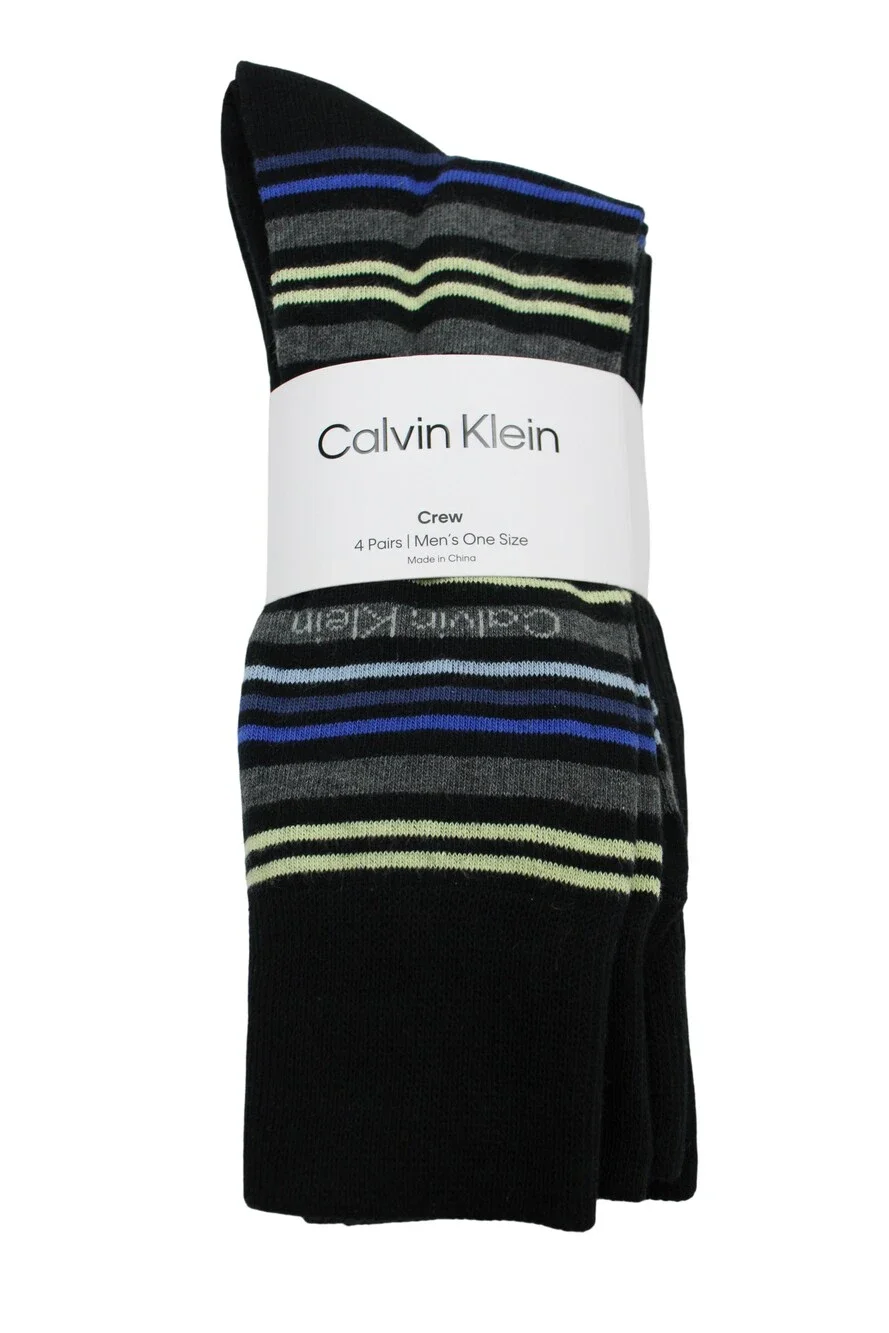 Calvin Klein Socks Mens One Size Black Crew 4 Pairs Stripe Dress Mid Calf
